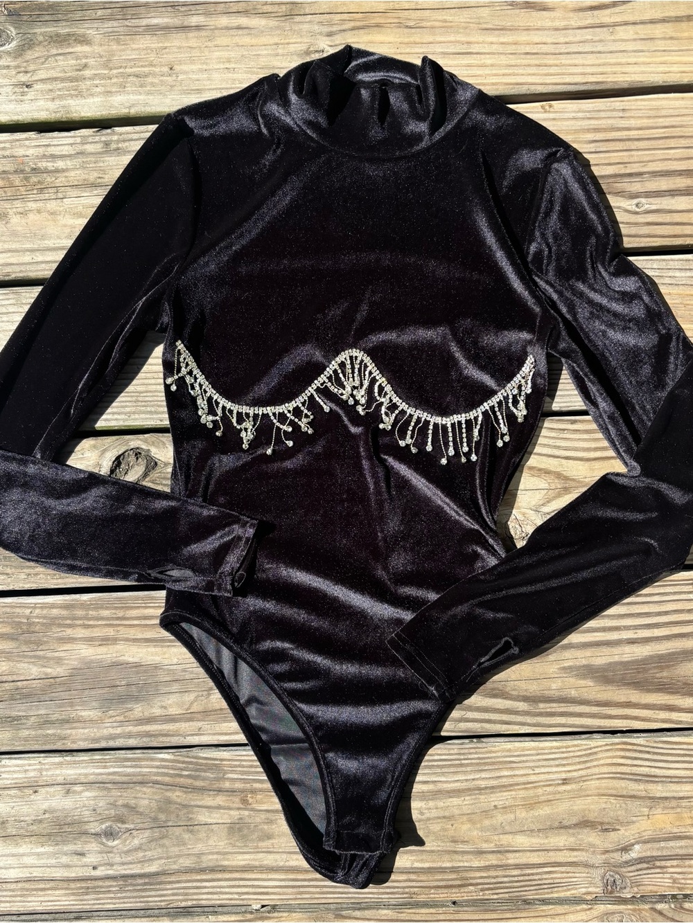 Velvet Bodysuit with Dangly Rhinestones